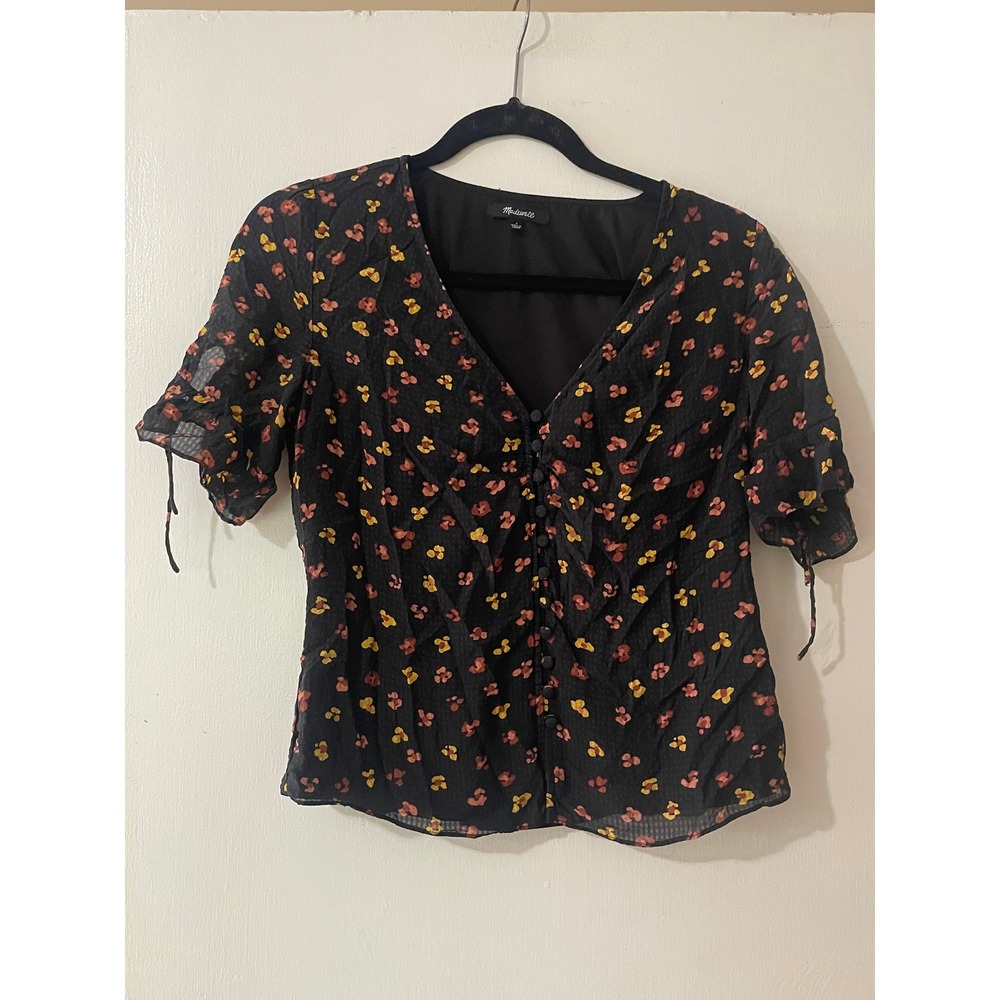 Madewell Floral Button Front V-Neck Blouse Black Short Tie Sleeve Size 2  Boho
